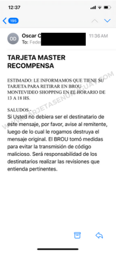 Mail para ir a retirar la tarjeta BROU Recompensa