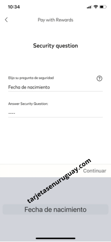 Ingresar tu pregunta de seguridad en la App Pay With Rewards